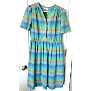 Vintage 70's 80's Blue Rainbow Womens Striped Office Dress Size 11 POCKETS!